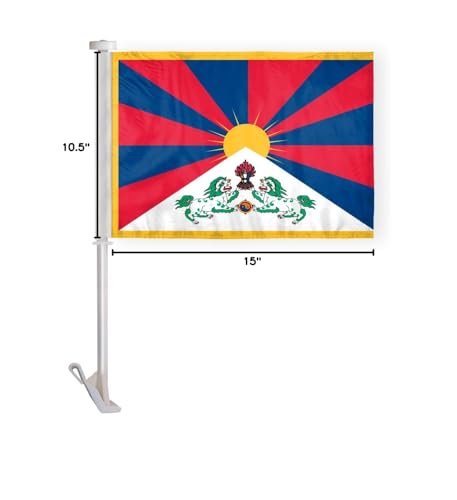 AGAS Tibet Car Flag Premium 10.5x15 inch Printed Double Sided on Super Knit Polyester Fabric Double Stitched 19 Inch White Plastic Unbreakable Stiff Pole High Visibility Tibetian Car Flag - color: Car Stiff Pole 10.5x15 inch Flag