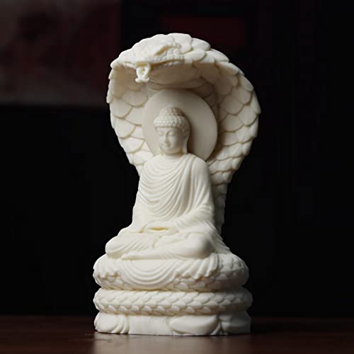 Sakyamuni Amitabha Buddha Statue with Snake Figurines feng Shui Decor,White Buddha Statue with Ivory Fruit Finish for Home Office Zen Decor