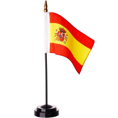 Premiun Spain Desktop Flag Set - 4 x 6 inch Stitched Miniature Spainish Desk Flag with 12" Solid Pole, Black Base and Spear Top | Mini Spainish Office Table Flags - Vivid Color and Fade Resistant - color: Spain