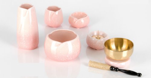 Buddhist Altar Articles, Yawaragi Sakura 5 Articles Set and Dedicated Bell Set