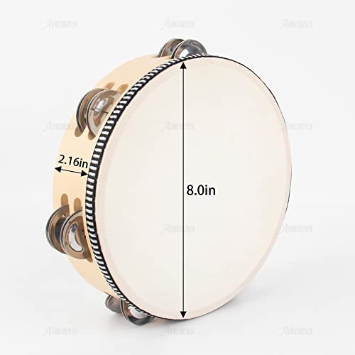 AUEAR, Double Row Jingles Handheld Tambourine Creative Wooden Drum for Adults Percussion Musical (1-Pack, 8 Inch) - color: Double Row Jingles, size: 8"
