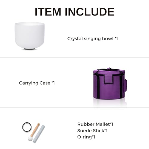 8 Inch F Note 432hz Heart Chakra Crystal Singing Bowl Healing Pure White with Carrying Case and Rubber Mallet Suede Strikers Oring - color: White F, size: 8 inch