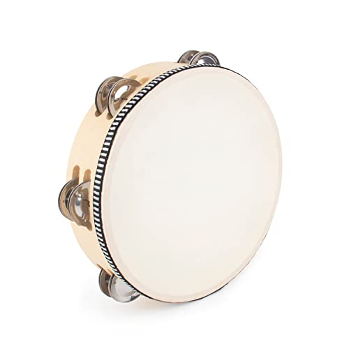 AUEAR, Double Row Jingles Handheld Tambourine Creative Wooden Drum for Adults Percussion Musical (1-Pack, 8 Inch) - color: Double Row Jingles, size: 8"