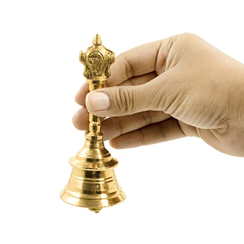 Spillbox Traditional Brass Pooja Bell/Ghanti for Pooja/Worship for Temple Home - 4" Inch Shankchakra, Gold