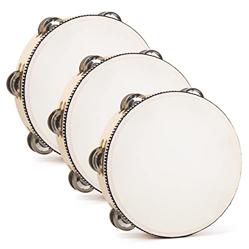 AUEAR, 3 Pack Wooden Tambourines Double Rows Metal Jingle Tambourine 8 Inch Handheld for Party Church KTV Musical Educational - color: Double Row Jingles, size: 8" (3 Pack)