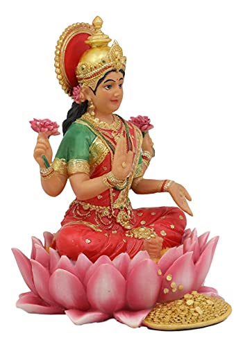 Ebros Seated Beautiful Hindu Goddess Lakshmi Meditating On Lotus Throne Statue 6.25" Tall Wife and Shakti of Vishnu Patroness of The Home Wealth Fortune and Prosperity Figurine