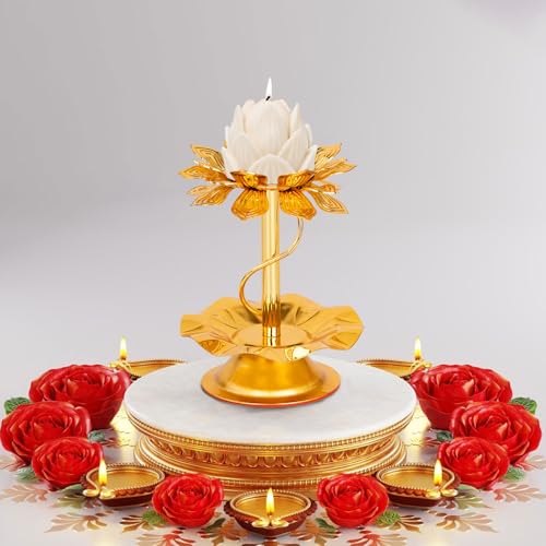 2 Pcs Lotus Candle Holder, Gold Tealight Candlestick for Table Centerpiece Wedding Party Ornament, Indian Diyas Oil Lamps for Diwali Pooja Ghee, Buddha Temple Home Decor