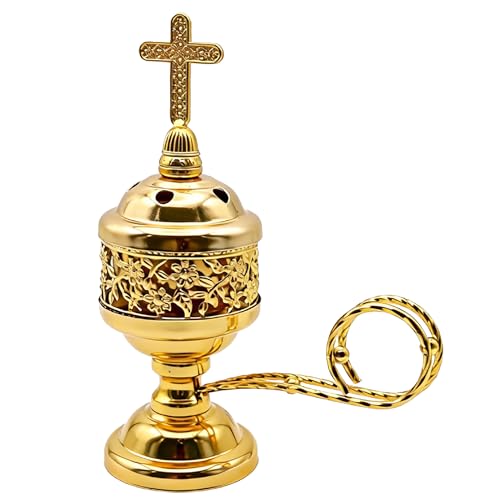 Solid Brass Color Incense Burner with Cross Lid - 6 Inch Charcoal Censer for Catholic Church, Home Altar - Thurible for Frankincense, Resin, Bakhoor