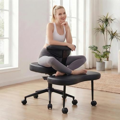 Ergonomic Criss Cross Legged Office Chair, 360° Swivel Meditation Kneeling Chair with Wheels, ADHD Chair with Footrest, Lumbar Support, Height Adjustable PU Leather T-Back Seat, Black - color: Black
