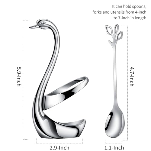 AnSaw Silver Swan Base With 10-Pcs Mini Leaf Coffee Spoon Holder Set-4.7" - color: Silver Swan