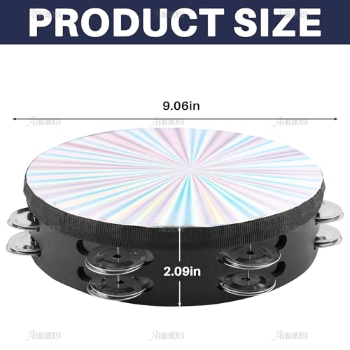 AUEAR, Double Row Jingles Handheld Tambourine Creative Wooden Drum for Adults Percussion Musical Educational (1-Pack, 8 Inch, Reflective) - color: Double Row Jingles Reflective, size: 8"