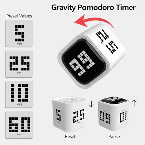 Rotating Focus Timer, 5/25/10/50-Minute Pomodoro Timer, Desk Flip Countdown with Vibration & Volume Control, ADHD-Friendly Tool for Office, Study, and Kitchen (Black) - color: Black