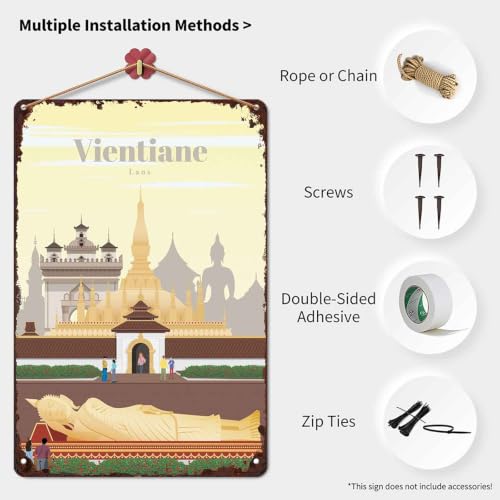 Vientiane Laos Reclining Buddha Temple Metal Sign 8 x 12 Inch