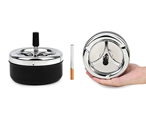Round Push Down Ashtray with Spinning Tray Metal Cigarette Ash Tray Large 5.2 Inches Home Ashtray for Indoor and Outside Patio (Silver) - color: Silver