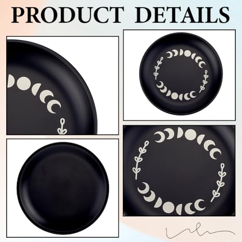 CREATCABIN Phase Moon Altar Plate Jewelry Dish Ritual Flat Bowl Round Prayer Tray Offering Bowl Dish Black Candle Holder with Divination Card for Meditation Incense Sticks Dowsing 5.55Inch - style: Phase Moon