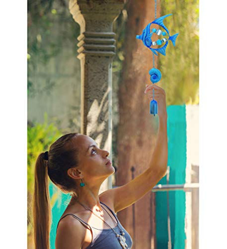 CoTa Global Blue Fish Sea Glass Hanging Wind Chime 19.69 Inch, Nautical Glass Windchime Outdoor Decor for a Harmonic Porch, Patio & Garden, Unique Beach Art Indoor Wind Chime Window Mobile