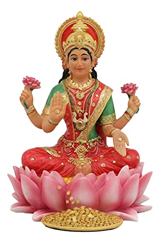 Ebros Seated Beautiful Hindu Goddess Lakshmi Meditating On Lotus Throne Statue 6.25" Tall Wife and Shakti of Vishnu Patroness of The Home Wealth Fortune and Prosperity Figurine