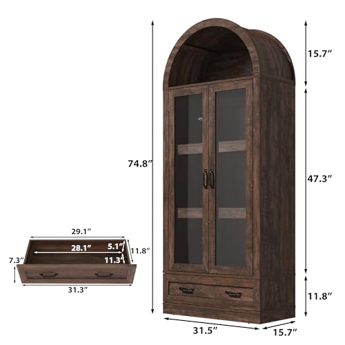 75" Tall Arched Kitchen Pantry Cabinet w Load-Bearing Steel Pipe,Modern Farmhouse Kitchens Storage Cabinet with Drawer and Glass Doors,Tall Arched Bookcase,Pantry Organizer(Rustic Brown) - color: Rustic Brown
