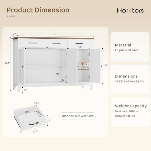 HORSTORS 47" W Kitchen Buffet Sideboard Cabinet with Storage Drawers, White - color: White