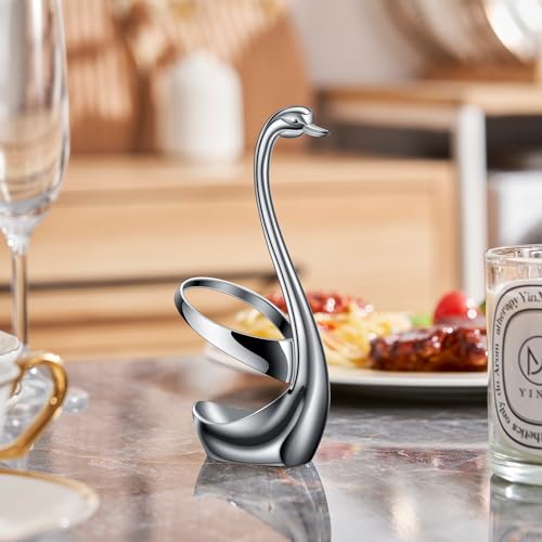 AnSaw Silver Swan Base With 10-Pcs Mini Leaf Coffee Spoon Holder Set-4.7" - color: Silver Swan