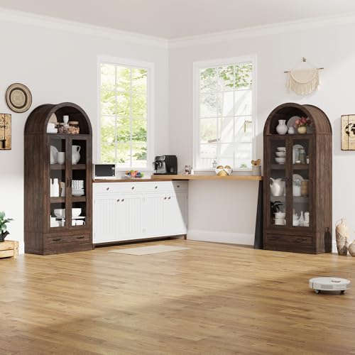 75" Tall Arched Kitchen Pantry Cabinet w Load-Bearing Steel Pipe,Modern Farmhouse Kitchens Storage Cabinet with Drawer and Glass Doors,Tall Arched Bookcase,Pantry Organizer(Rustic Brown) - color: Rustic Brown
