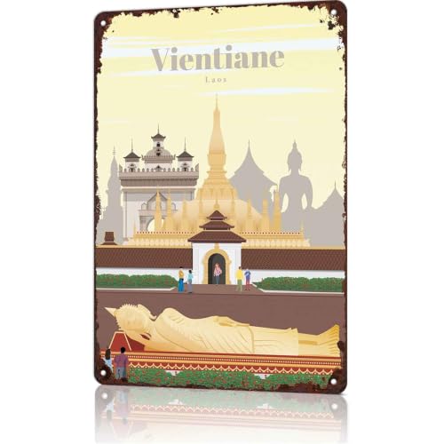 Vientiane Laos Reclining Buddha Temple Metal Sign 8 x 12 Inch