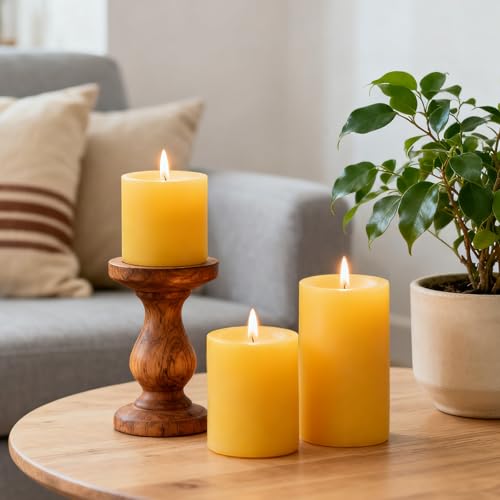 Set of 3 Natural Beeswax Pillar Candles - 3 inch Wide, Yellow, Unscented - size: 3x3 inch 3x4 inch 3x6 inch