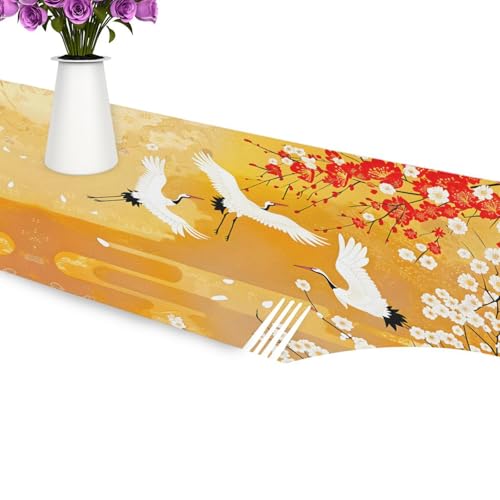 WOOR Double-Sided Japanese Kimono and Sakura Table Runner 13 x 70 Inches Long,Table Cloth Runner for Wedding Party Holiday Kitchen Dining Home Everyday Decor