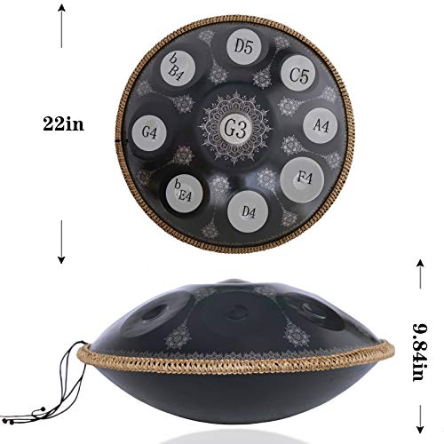 Handpan-Classic 10 Notes Black Print Hand Pan,Premium 432HZ 22 Inches D Minor Steel Handpan Drum Set,Adult's Music Steel Pan Instrument - color: Midnight Black, size: 22inch