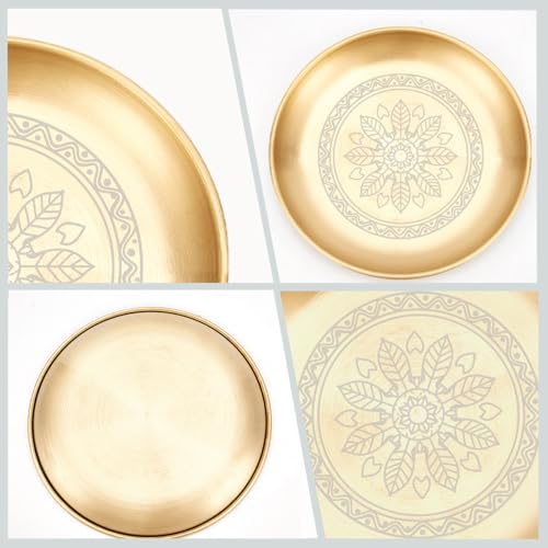 CREATCABIN Floral Altar Ritual Plate Dish Stainless Steel Flat Bowl Round Golden Tarot Offering Bowl Dish Candle Trinket Holder Jewelry Tray for Incense Burner Dowsing Divination 5.55 Inch - style: Golden Floral