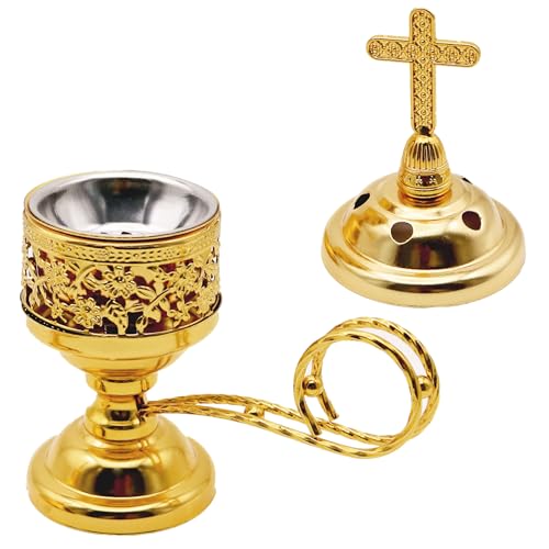Solid Brass Color Incense Burner with Cross Lid - 6 Inch Charcoal Censer for Catholic Church, Home Altar - Thurible for Frankincense, Resin, Bakhoor
