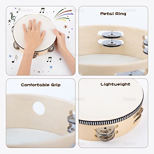 AUEAR, 3 Pack Wooden Tambourines Double Rows Metal Jingle Tambourine 8 Inch Handheld for Party Church KTV Musical Educational - color: Double Row Jingles, size: 8" (3 Pack)