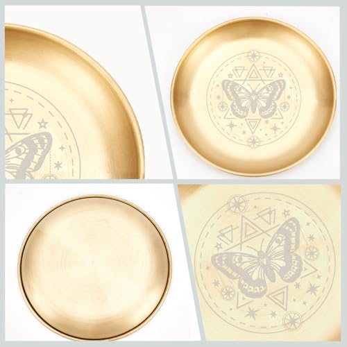 CREATCABIN Butterfly Altar Ritual Plate Dish Stainless Steel Bowl Round Golden Tarot Offering Bowl Dish Candle Holder Witchy Crystals Jewelry Tray for Incense Burner Dowsing Divination 5.55Inch - style: Golden Butterfly
