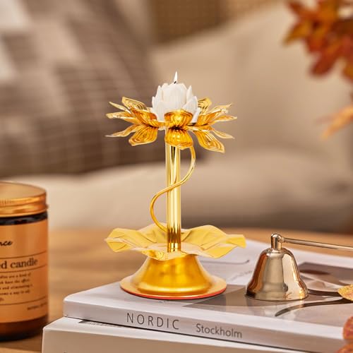 2 Pcs Lotus Candle Holder, Gold Tealight Candlestick for Table Centerpiece Wedding Party Ornament, Indian Diyas Oil Lamps for Diwali Pooja Ghee, Buddha Temple Home Decor
