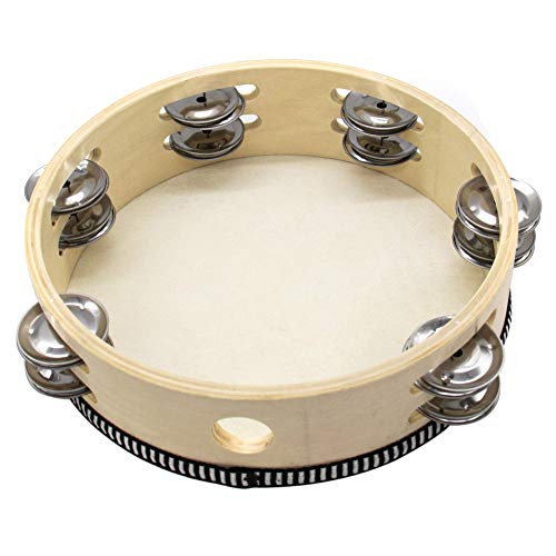 AUEAR, Double Row Jingles Handheld Tambourine Creative Wooden Drum for Adults Percussion Musical (1-Pack, 8 Inch) - color: Double Row Jingles, size: 8"