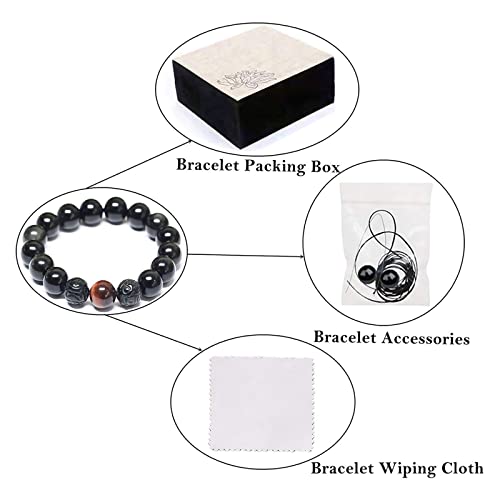 Black Obsidian Bracelet,Feng Shui Black Obsidian Wealth Bracelet for Women Men Couples Handmade Stretch Obsidian Bracelet Bangle with Carved Pixiu Tiger Eye Stone Attract Wealth Money and Good Luck - color: B,12mm,Red Tiger Eye