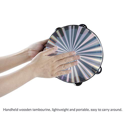 AUEAR, Double Row Jingles Handheld Tambourine Creative Wooden Drum for Adults Percussion Musical Educational (1-Pack, 8 Inch, Reflective) - color: Double Row Jingles Reflective, size: 8"