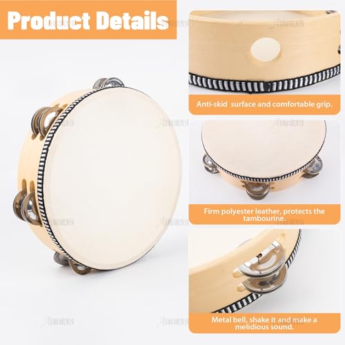 AUEAR, Double Row Jingles Handheld Tambourine Creative Wooden Drum for Adults Percussion Musical (1-Pack, 8 Inch) - color: Double Row Jingles, size: 8"