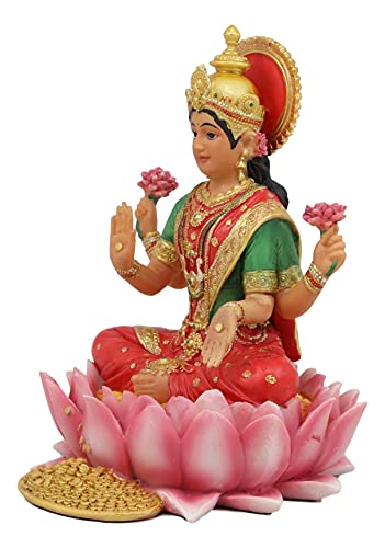 Ebros Seated Beautiful Hindu Goddess Lakshmi Meditating On Lotus Throne Statue 6.25" Tall Wife and Shakti of Vishnu Patroness of The Home Wealth Fortune and Prosperity Figurine