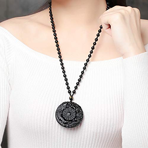 ASGIFT Black Obsidian Necklace Lucky Amulet Protection Pendant with Extended Bead Chain Healing Crystal Stone Talisman Necklaces Jewelry - color: Dragon-Phoenix