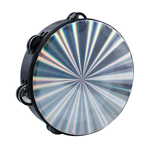 AUEAR, Double Row Jingles Handheld Tambourine Creative Wooden Drum for Adults Percussion Musical Educational (1-Pack, 8 Inch, Reflective) - color: Double Row Jingles Reflective, size: 8"