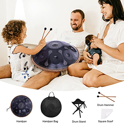 Handpan-Classic 10 Notes Black Print Hand Pan,Premium 432HZ 22 Inches D Minor Steel Handpan Drum Set,Adult's Music Steel Pan Instrument - color: Midnight Black, size: 22inch