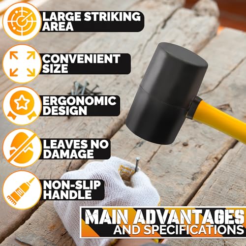 16 Oz Rubber Mallet Hammer, Double-Face Head, Anti-Vibration Handle - color: Yellow