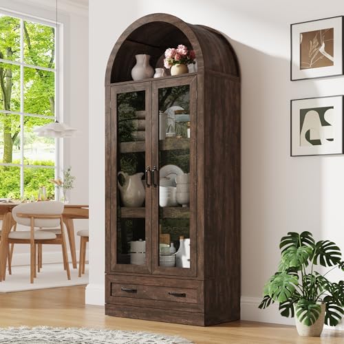 75" Tall Arched Kitchen Pantry Cabinet w Load-Bearing Steel Pipe,Modern Farmhouse Kitchens Storage Cabinet with Drawer and Glass Doors,Tall Arched Bookcase,Pantry Organizer(Rustic Brown) - color: Rustic Brown