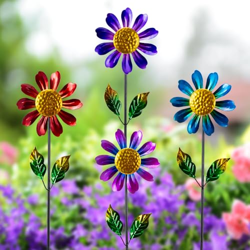4 Pack Wind Spinner Outdoor,Waterproof Metal Flowers Windmill - size: Sunflowers-4Pack