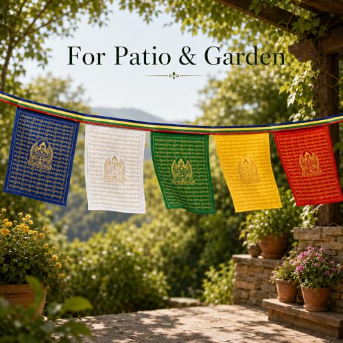 Tibetan Prayer Flags Outdoor, Gold Lettering Fabric Banner for Porch Decor - size: 1 Roll, 20 Flags, 11.81 x 13.39 in, 19.7 ft/Roll