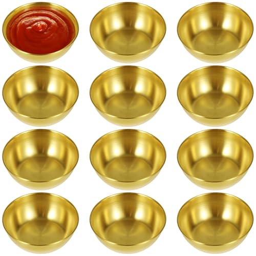 12 PCS Round Golden Sauce Bowls, 3.2 x 1.2 Inches Stainless Steel Dipping Sauce Cup,Small Seasoning Dish Sauces Containe, Prep Appetizer Plate