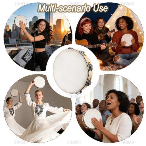 AUEAR, Double Row Jingles Handheld Tambourine Creative Wooden Drum for Adults Percussion (1-Pack, 10 Inch) - color: Double Row Jingles, size: 10"