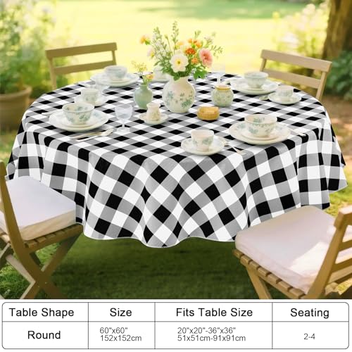Smiry Picnic Table Cloth, Vinyl Tablecloths with Flannel Backing, 60" Round - color: Black & White, size: 60" (Round)