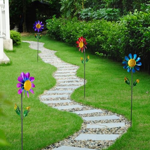 4 Pack Wind Spinner Outdoor,Waterproof Metal Flowers Windmill - size: Sunflowers-4Pack